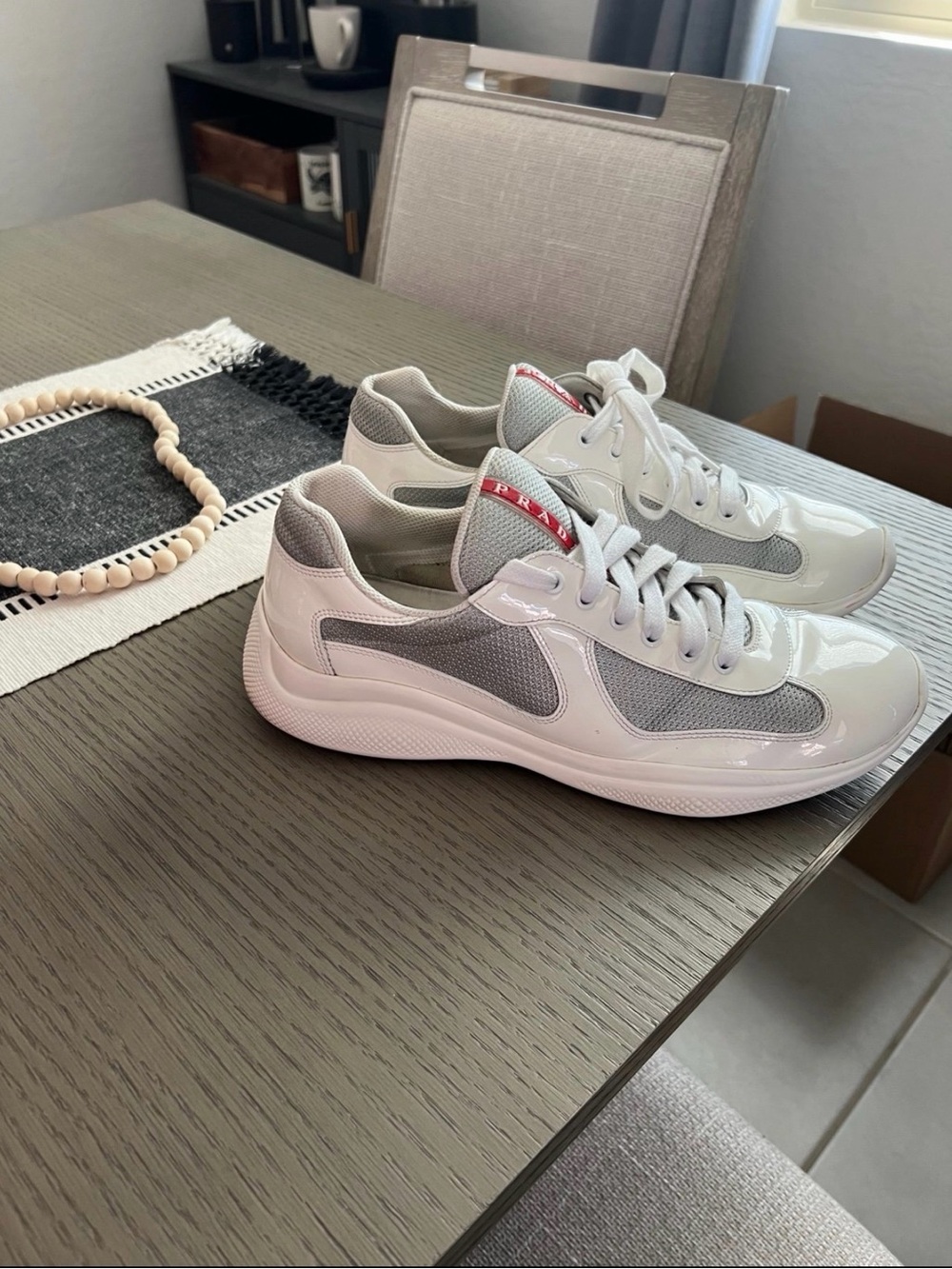 Prada White & Gray Men’s Low-Top Sneakers with Red Logo Tab - Picture 3 of 7
